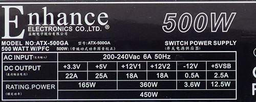 Характеристики блока питания Enhance ATX-500GA