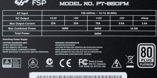 Характеристики блока питания FSP Aurum PT 850 (PT850FM)
