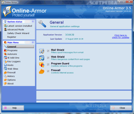 Рабочее окно программы Online Armor Free