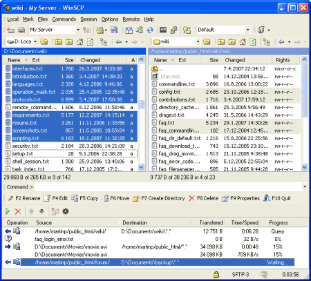 Скриншот интерфейса главного окна программы WinSCP