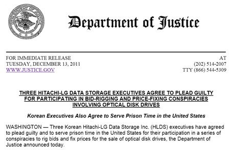 Руководители Hitachi-LG Data Storage приговорены к тюремному заключению за участие в картельном сговоре