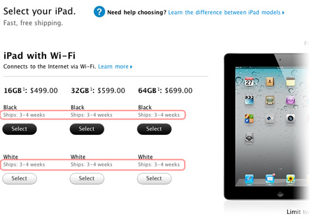 При покупке iPad 2 в онлайновом магазине Apple ждать доставки придетсяя 3—4 недели