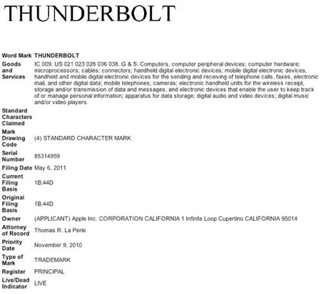 Заявка Apple на регистрацию торговой марки Thunderbolt в США