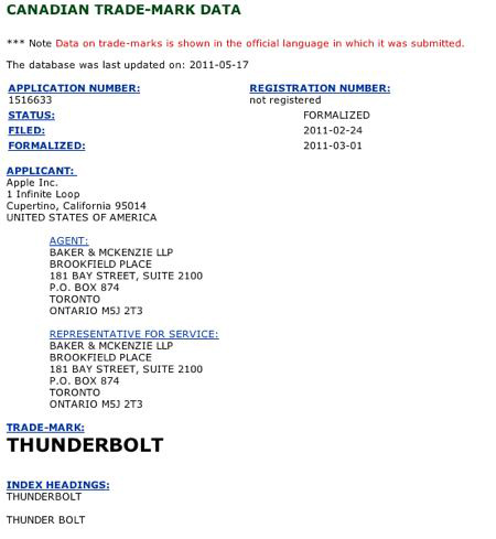 Заявка Apple на регистрацию торговой марки Thunderbolt в Канаде