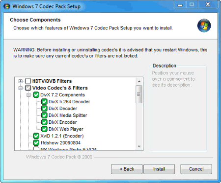 Окно установки Windows 7 Codec Pack