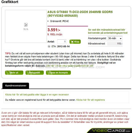 ASUS GeForce GTX 660 Ti DirectCU II в предложении шведских интернет-магазинов