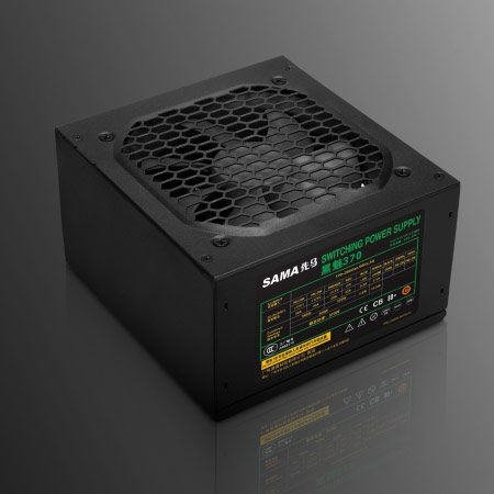 Блок питания SAMA мощностью 370 Вт охлаждается 120-миллиметровым вентилятором 