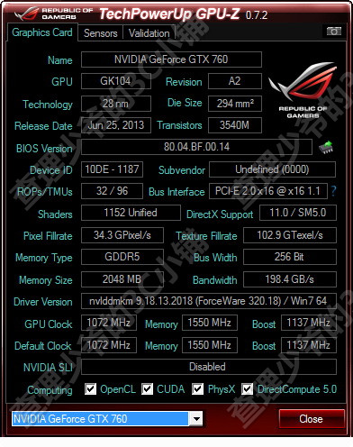 В конфигурацию GPU Nvidia GeForce GTX 760 входит 1152 ядра CUDA, 96 блоков TMU и 32 блока ROP
