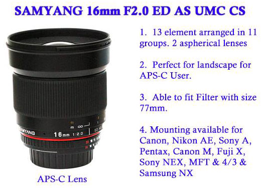 Анонсирован выпуск объектива Samyang 16mm f/2 ED AS UMC CS