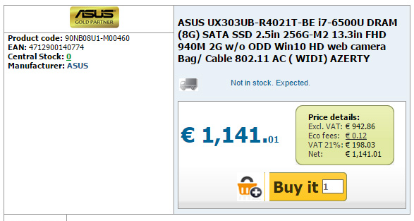 Asus Zenbook UX303 с процессором Intel Skylake замечен в продаже