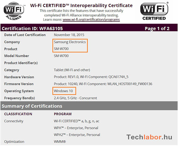 Samsung SM-W700 в базе данных Wi-Fi Alliance
