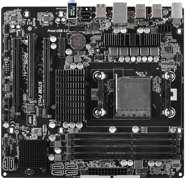 Плата ASRock 970M Pro3 типоразмера microATX построена на наборе микросхем системной логики AMD 970 и SB950