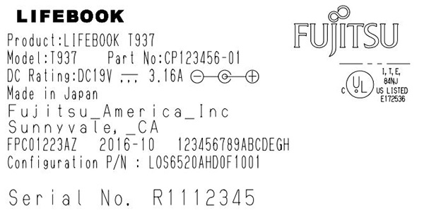 Fujitsu Lifebook T937, этикетка
