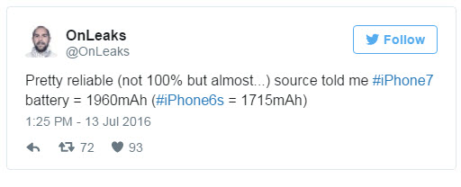 Емкость аккумулятора смартфона iPhone 7 должна составить 1960 мА•ч