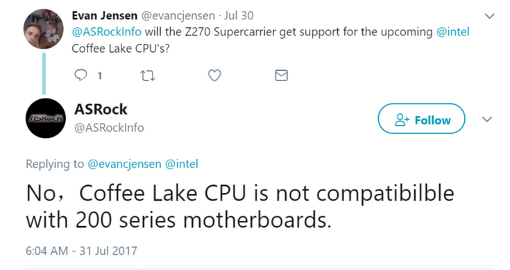 Чипсеты Intel 200 не будут поддерживать CPU Coffee Lake