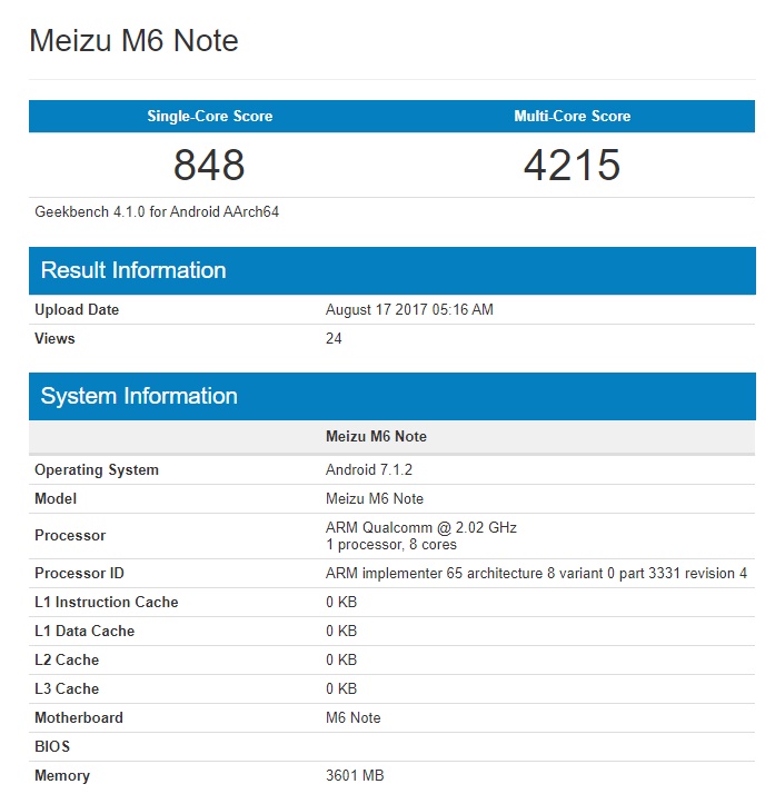 Смартфон Meizu M6 Note с SoC Snapdragon 625 замечен в базе данных Geekbench