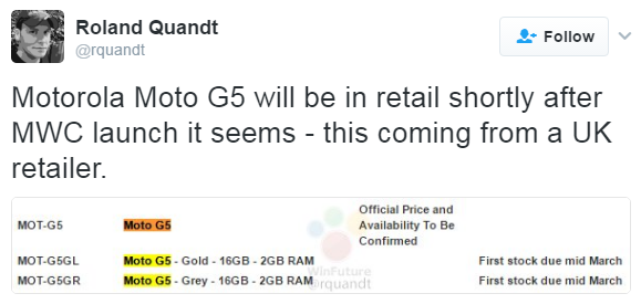 Смартфон Moto G5 ожидается в середине марта