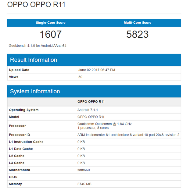 SoC Snapdragon 660 в составе смартфона Oppo R11 демонстрирует высокий уровень производительности в GeekBench