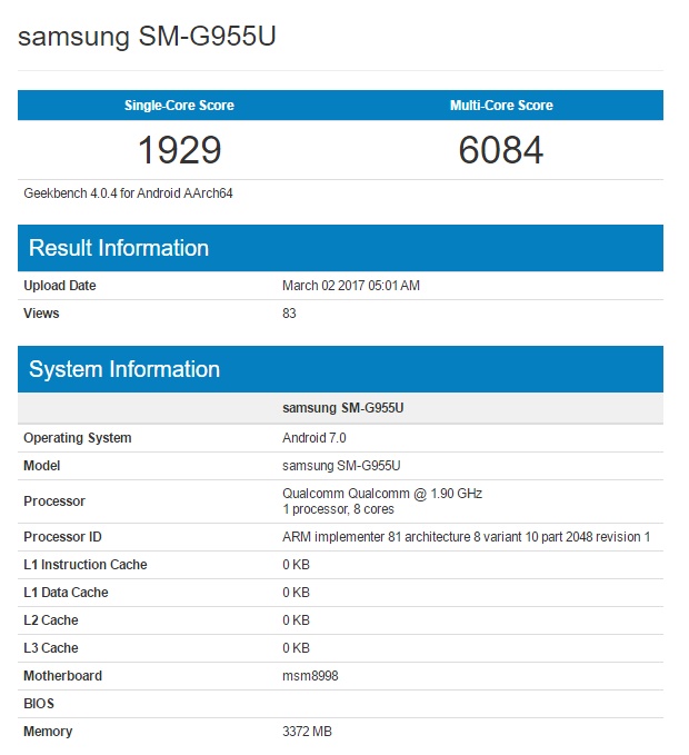 Смартфон Samsung Galaxy S8+ протестирован в GeekBench