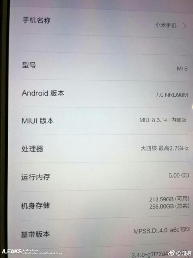 Изображение экрана Xiaomi Mi6 подтверждает наличие 6 ГБ ОЗУ и 256 ГБ флэш-памяти