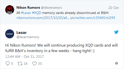 Карты памяти XQD производства Lexar исчезли из ассортимента магазина B&H, но это временное явление