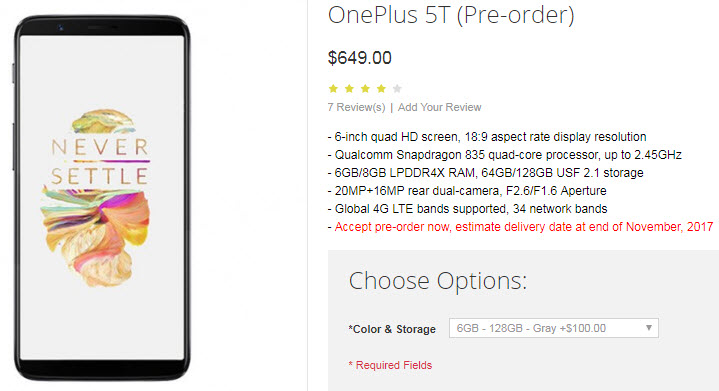Стартовал прием предварительных заказов на смартфон OnePlus 5T, который оценен в $549