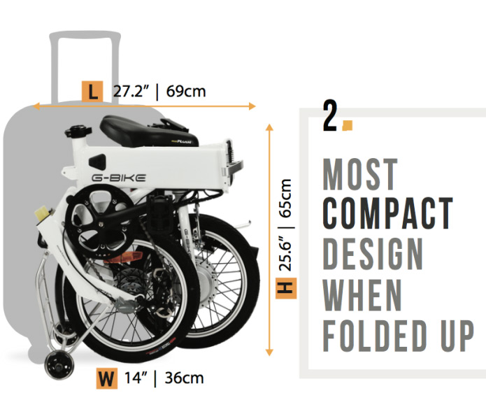 Электрический велосипед G-Bike в сложенном состоянии по размерам похож на чемодан на колесах