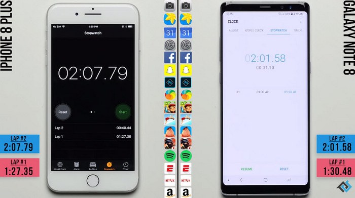 Смартфоны iPhone 8 Plus и Samsung Galaxy Note 8 сравнили в скорости запуска приложений