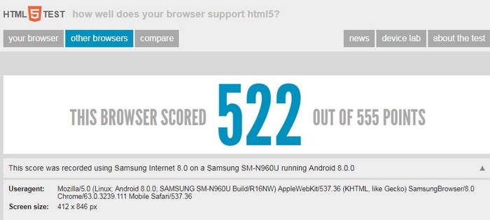Смартфон Samsung Galaxy Note9 замечен в базе HTML5 Test