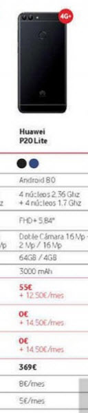 Vodafone подтвердил характеристики и цену смартфона Huawei P20 Lite