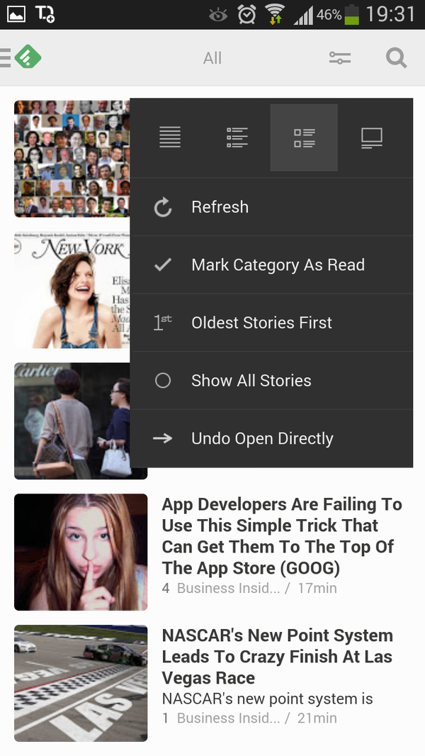 Режимы просмотра в Feedly