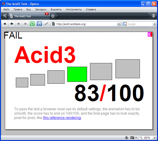 Прохождение теста Acid 3 браузером Opera 9.5
