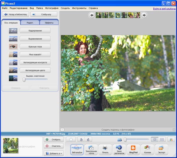 Основные инструменты корректировки фотографий в Picasa