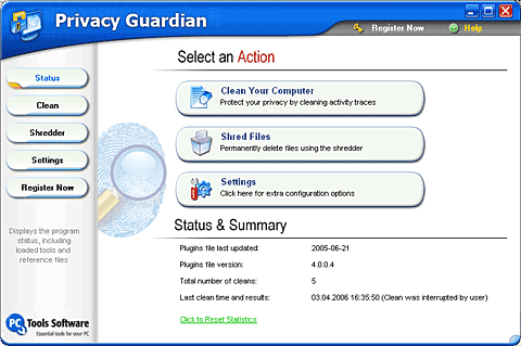 Главное окно программы Privacy Guardian for Windows