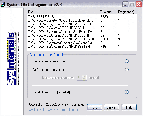 Главное окно PageDefrag