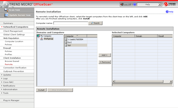 Установка клиента OfficeScan через веб-консоль