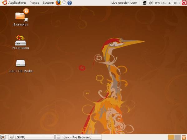 Рабочий стол Ubuntu 8.04 после загрузки в режиме LiveCD