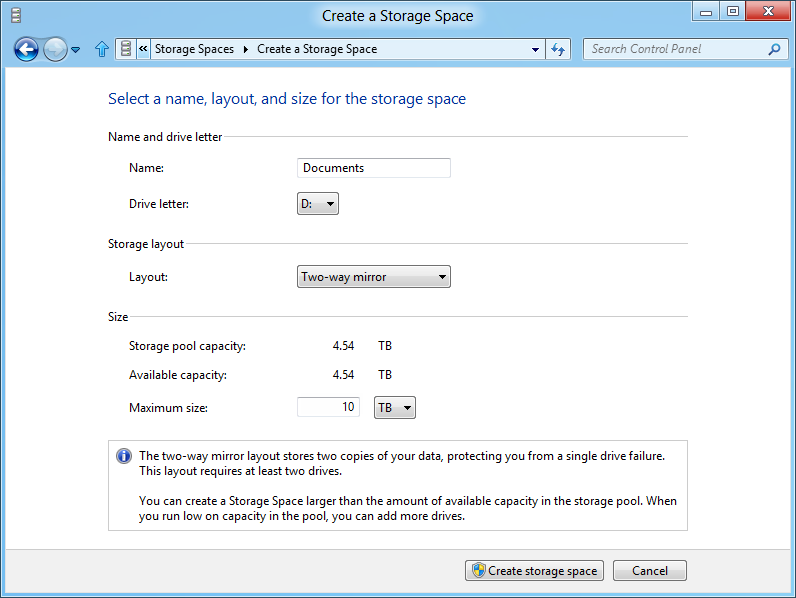 Amount available. Windows Storage Spaces. Max available capacity.