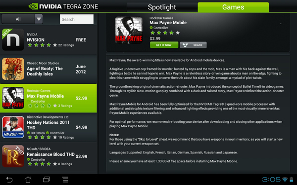 Страница Max Payne Mobile в NVIDIA Tegra Zone