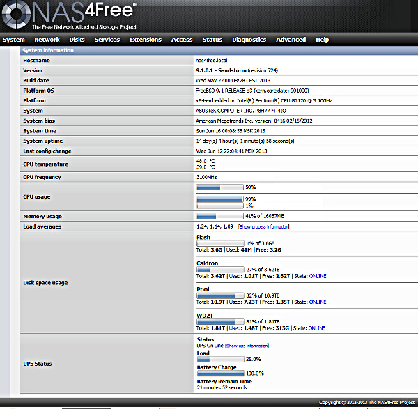 Вид веб-интерфейса NAS4Free