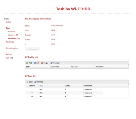 Веб-интерфейс Toshiba Canvio AeroCast